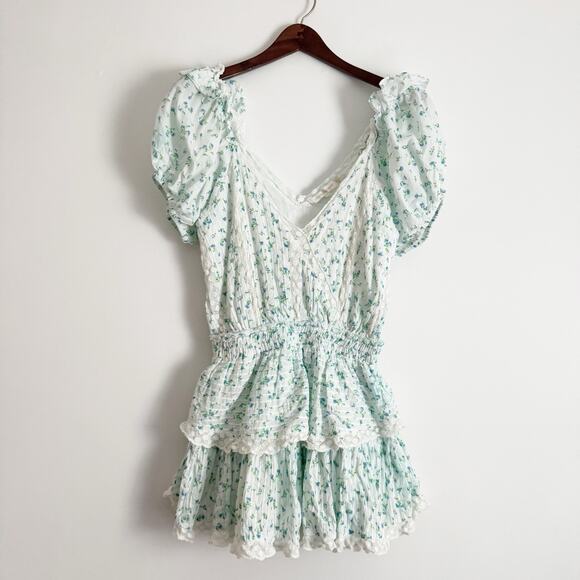 LOVESHACKFANCY Carlo Ruffle Lace Mini Dress Bonnet Blue XS - Picture 3 of 10